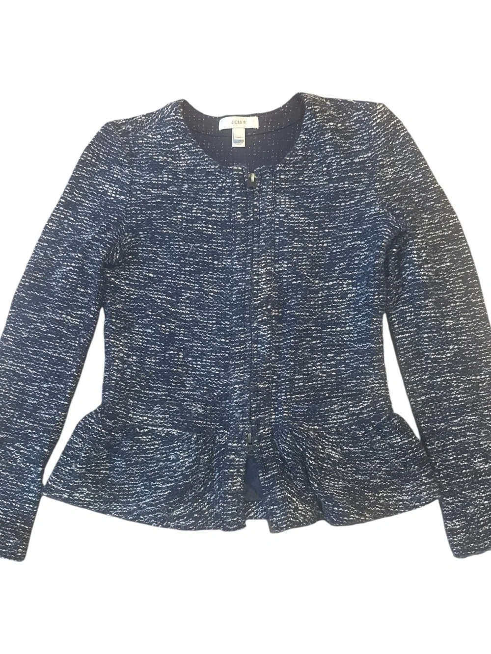 J.Crew Navy Marled Knit Peplum Jacket Double Zip Blazer Size XXS Office Preppy